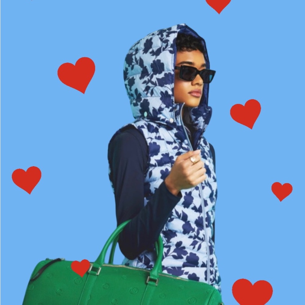 G/FORE GOLF TONAL FLORAL NYLON PUFFER VEST WITH REMOVABLE HOOD, retail $295